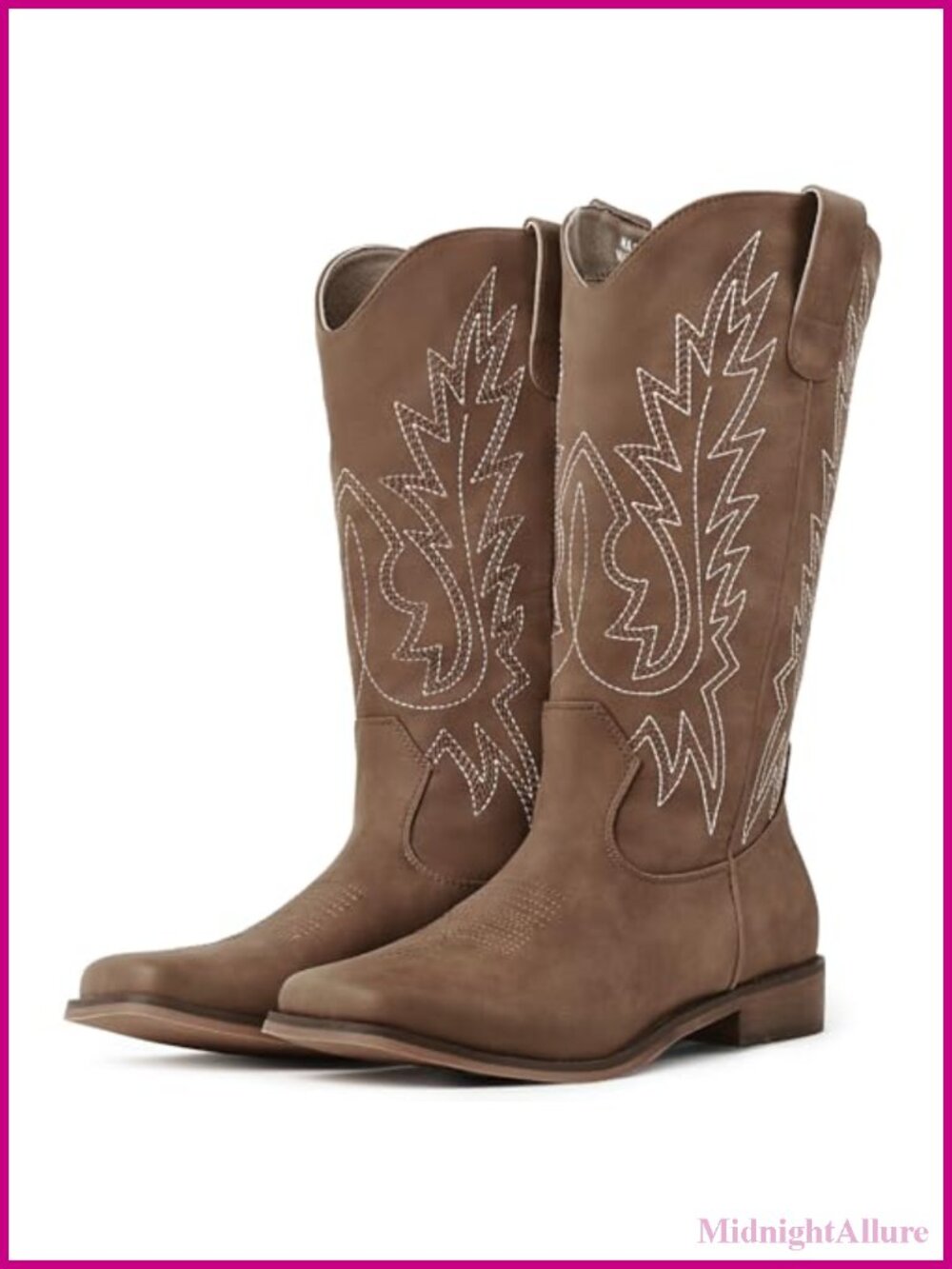 Faux Leather Mid Calf Cowboy Boots with Embroidery